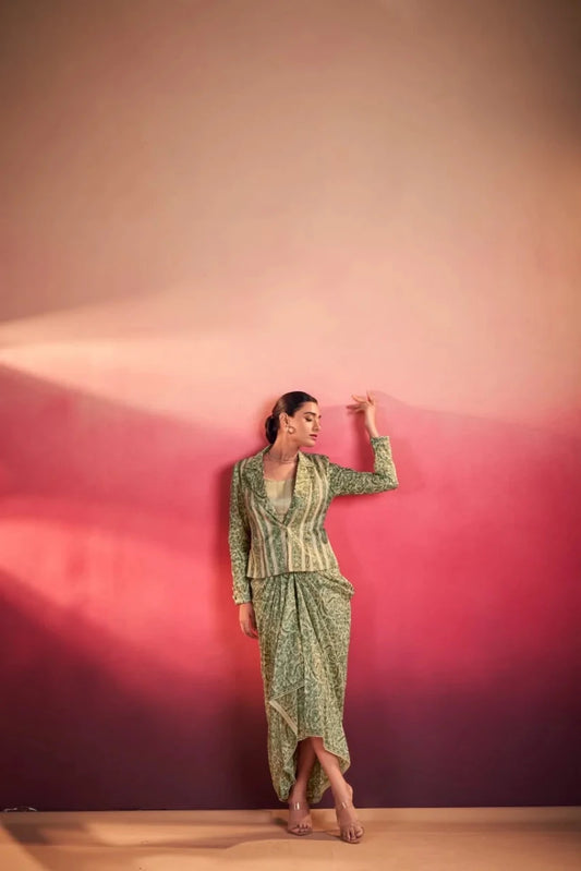 Green Paisley Print Blazer with Draped Skirt Indo-Western Set for Women - Aira Fabrics Designer Studio