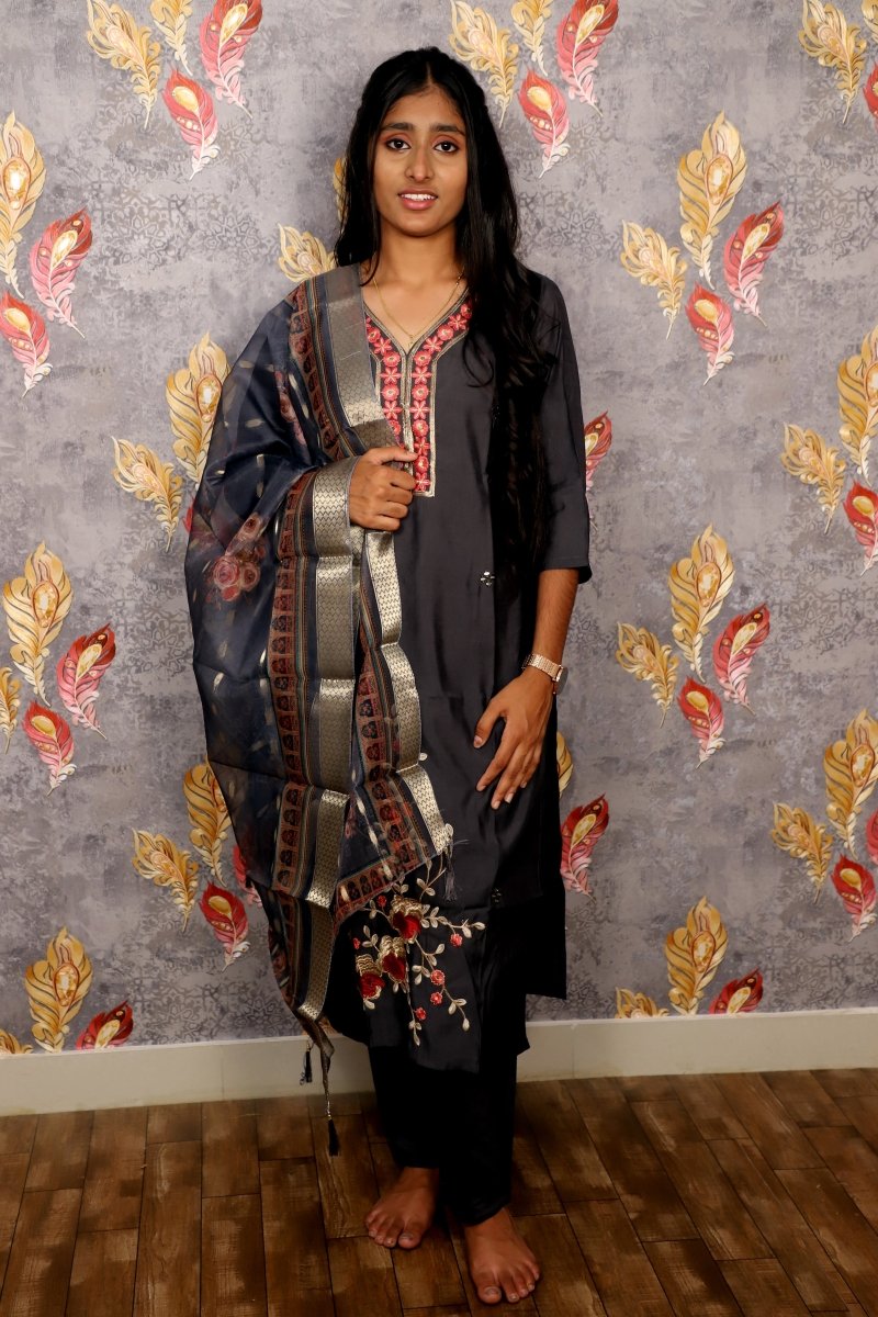 Grey Embroidered Salwar Suit With Chiffon Dupatta For Women & Girls - Aira Fabrics Designer Studio