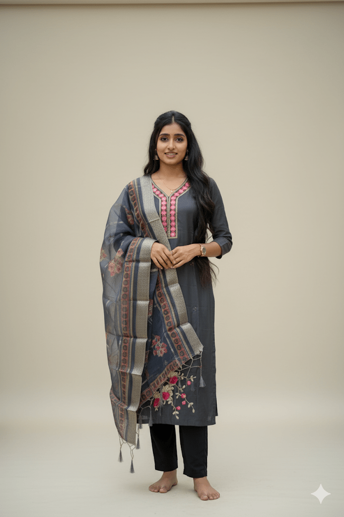 Grey Embroidered Salwar Suit With Chiffon Dupatta For Women & Girls - Aira Fabrics Designer Studio