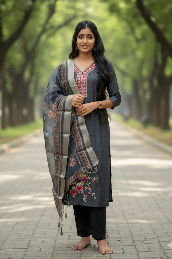 Grey Embroidered Salwar Suit With Chiffon Dupatta For Women & Girls - Aira Fabrics Designer Studio
