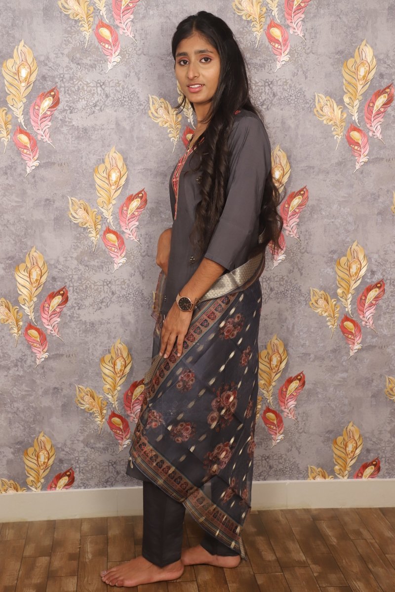 Grey Embroidered Salwar Suit With Chiffon Dupatta For Women & Girls - Aira Fabrics Designer Studio
