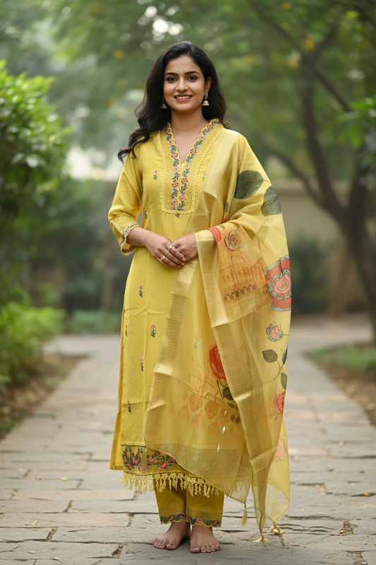 Yellow Kurti With Digital Floral Printed Dupatta For Women & Girls