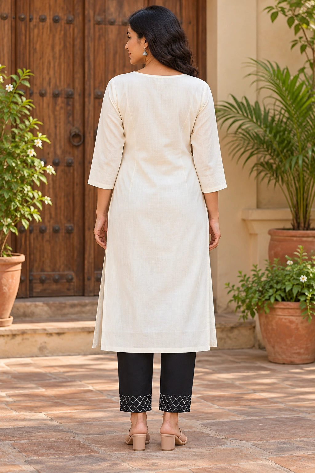 White Embroidered Cotton Kurti with Black Kantha Pants for Women
