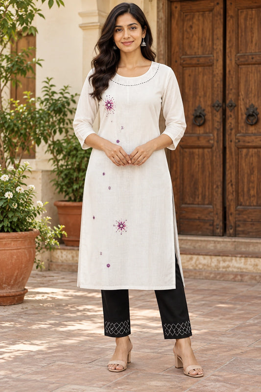 White Embroidered Cotton Kurti with Black Kantha Pants for Women