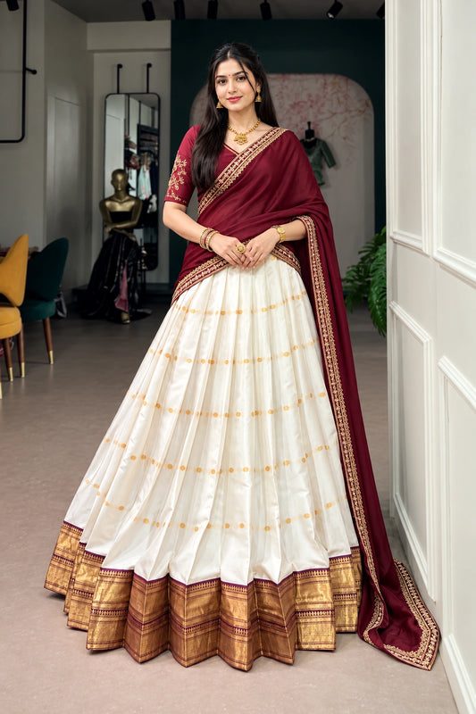 Off White & Maroon Silk Cotton Lehenga with Zari Border and Embroidered Dupatta for Women