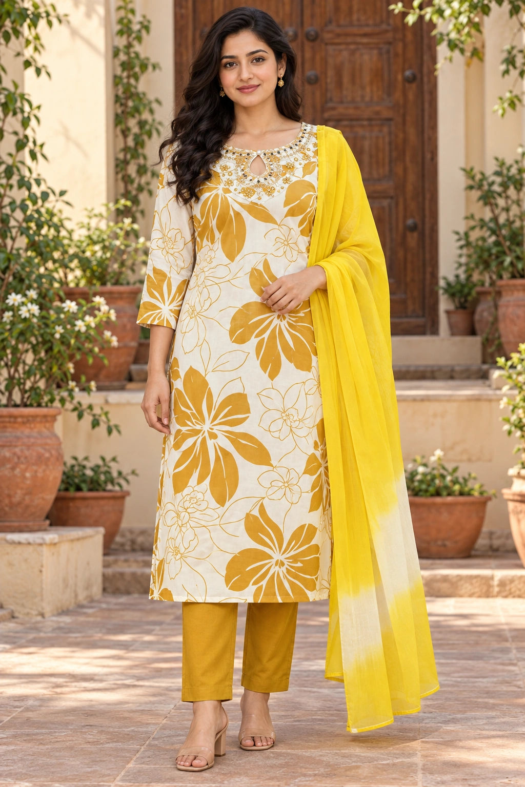 Ivory & Mustard Floral Print Cotton Kurti Set with Yellow Dupatta for Women