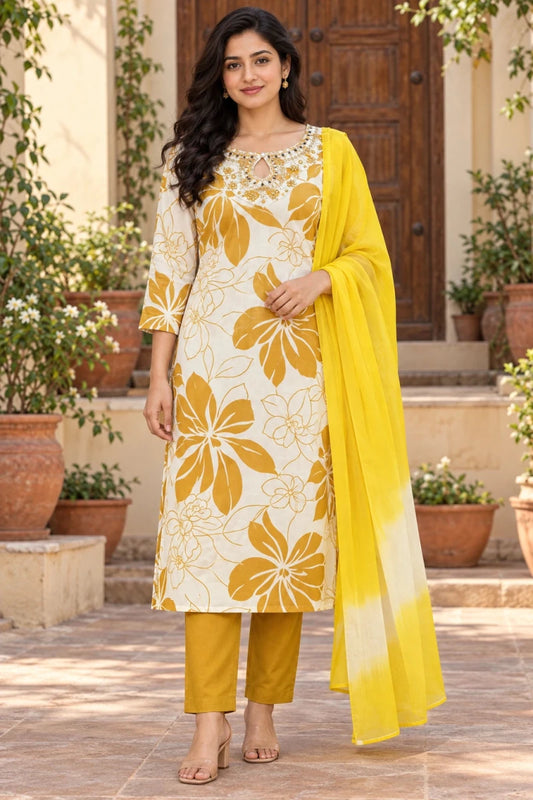 Ivory & Mustard Floral Print Cotton Kurti Set with Yellow Dupatta for Women - Aira Fabrics Designer Studio