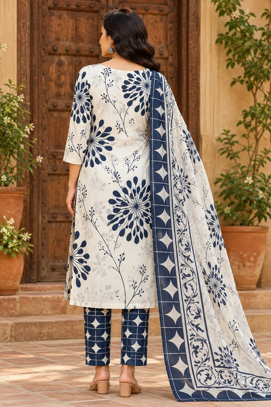 Ivory & Navy Floral Print Cotton Kurti Set with Dupatta for Women