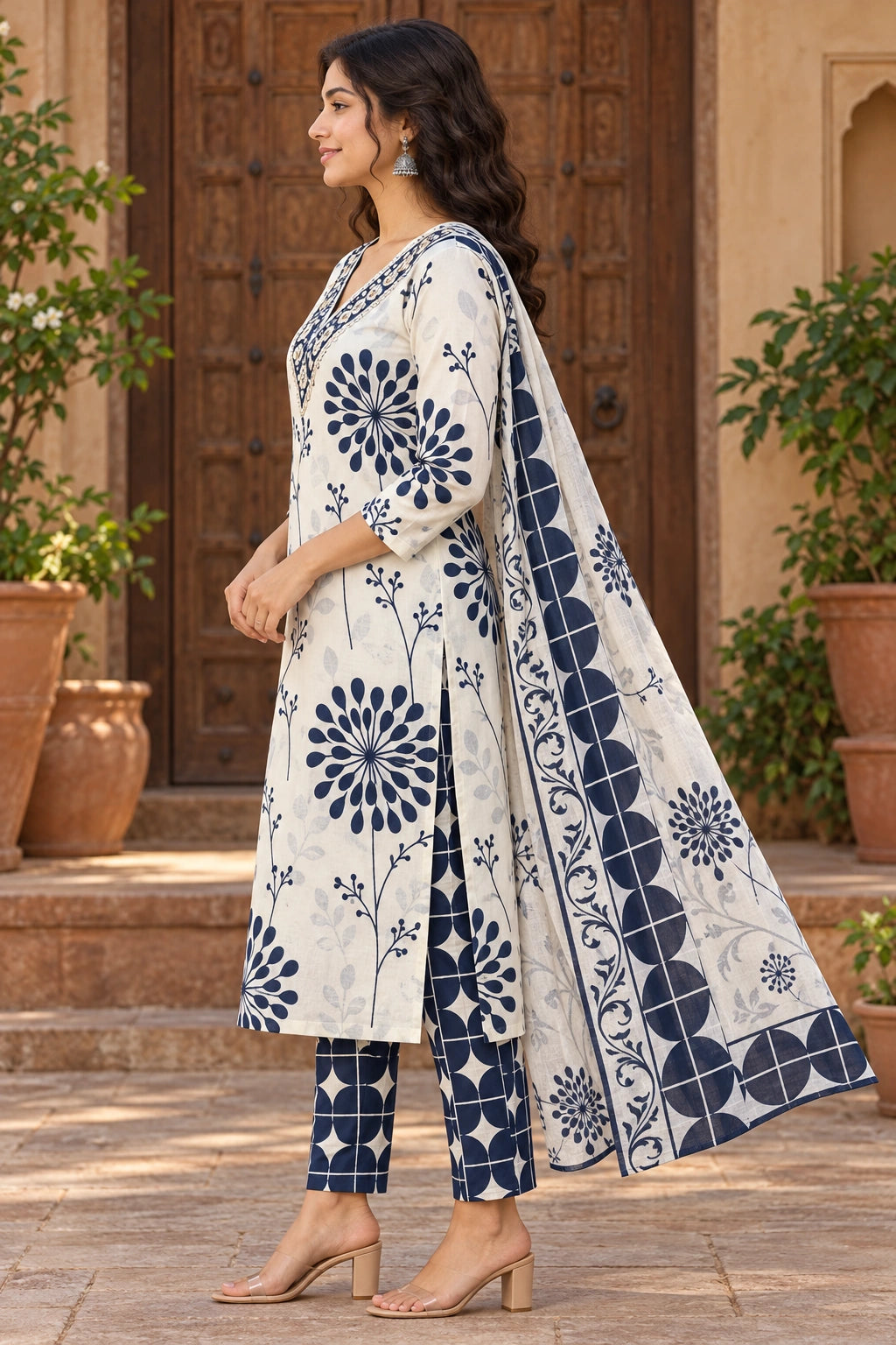 Ivory & Navy Floral Print Cotton Kurti Set with Dupatta for Women