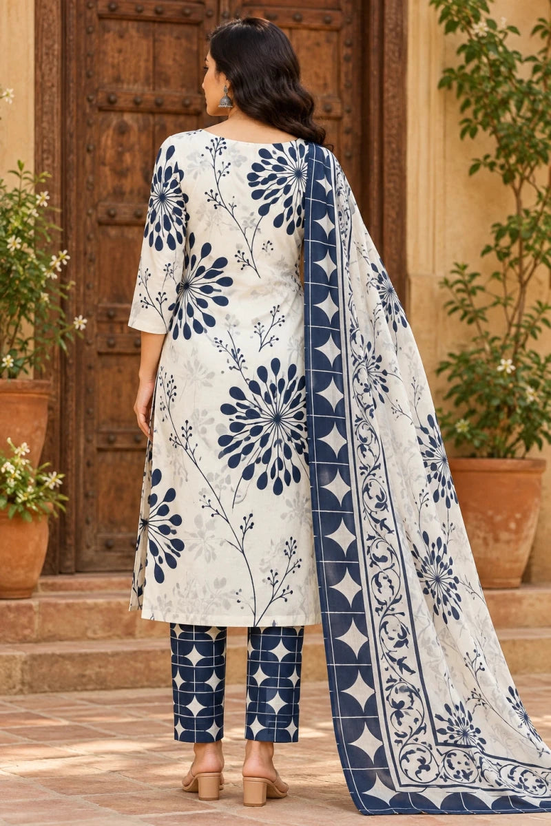 Ivory & Navy Floral Print Cotton Kurti Set with Dupatta for Women - Aira Fabrics Designer Studio
