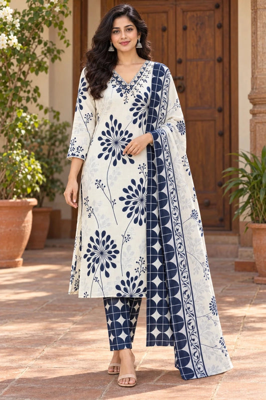 Ivory & Navy Floral Print Cotton Kurti Set with Dupatta for Women - Aira Fabrics Designer Studio