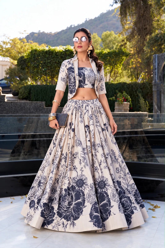 Ivory & Navy Floral Print Jacket Lehenga with Crop Top for Women - Aira Fabrics Designer Studio