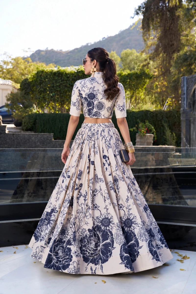 Ivory & Navy Floral Print Jacket Lehenga with Crop Top for Women - Aira Fabrics Designer Studio