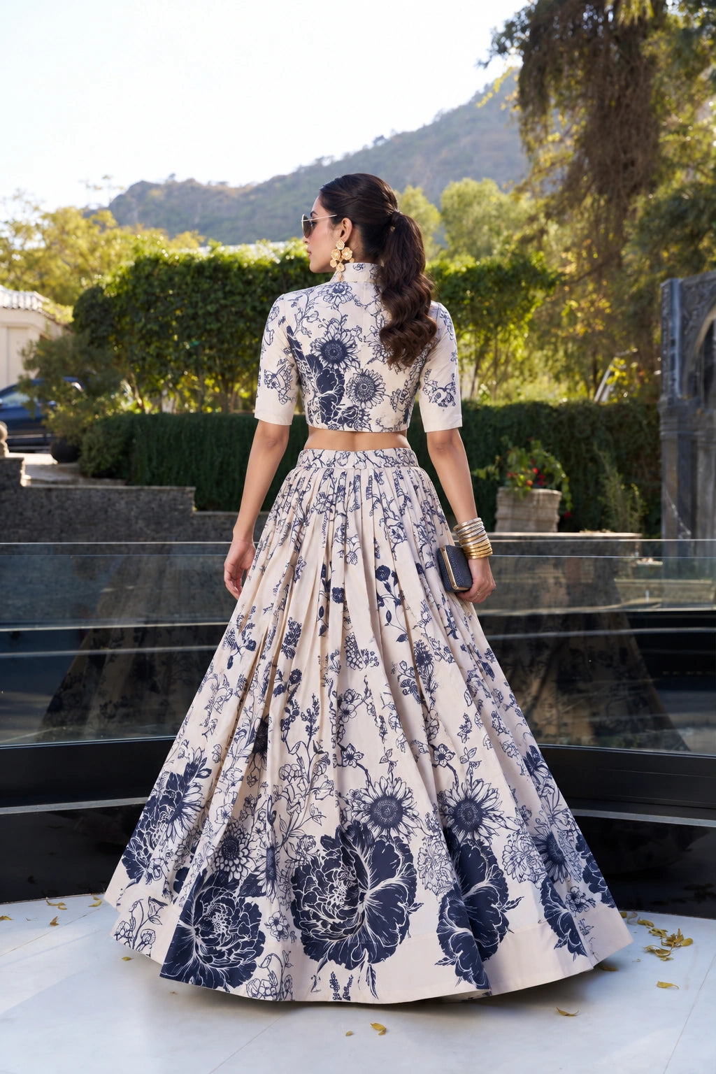 Ivory & Navy Floral Print Jacket Lehenga with Crop Top for Women