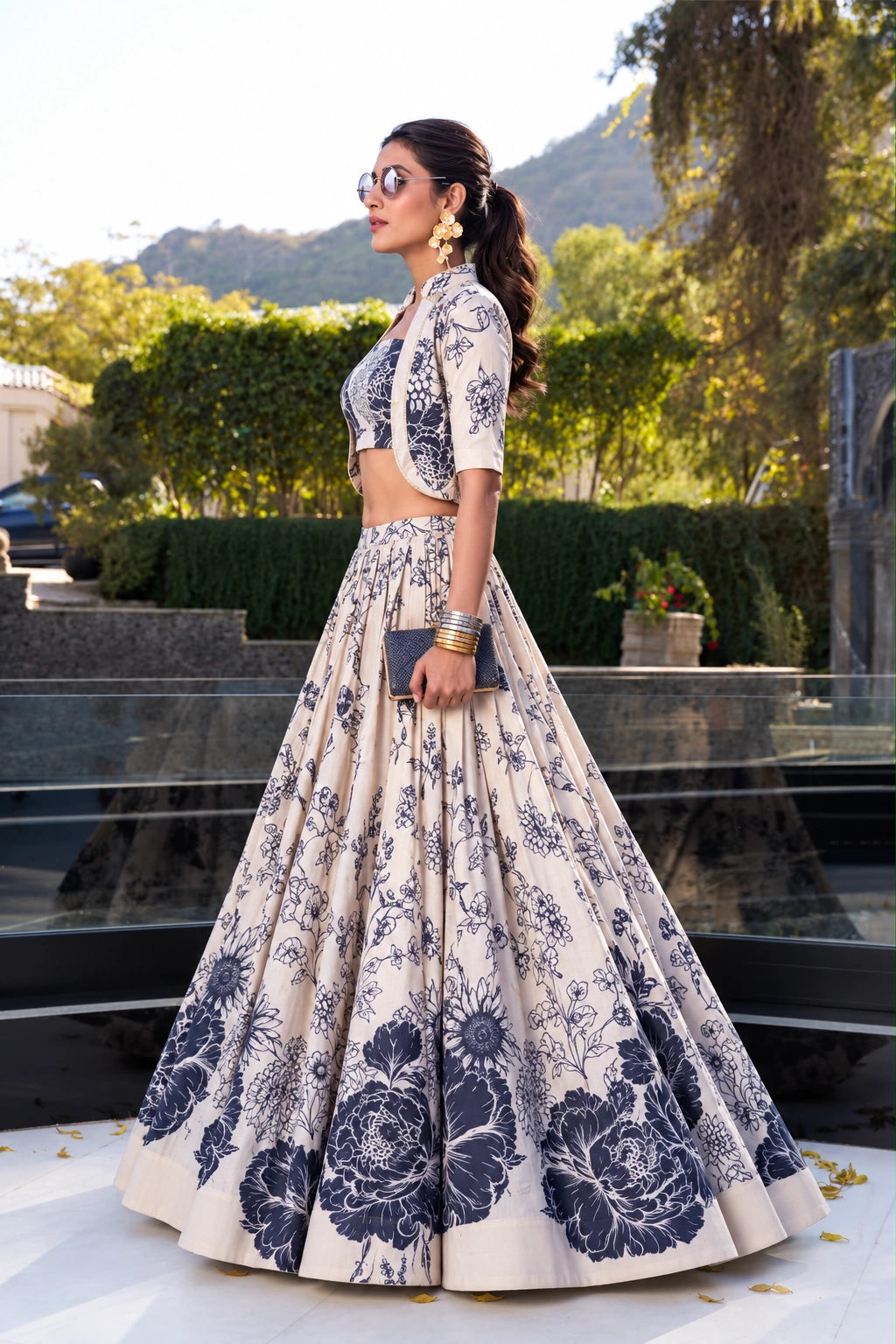 Ivory & Navy Floral Print Jacket Lehenga with Crop Top for Women