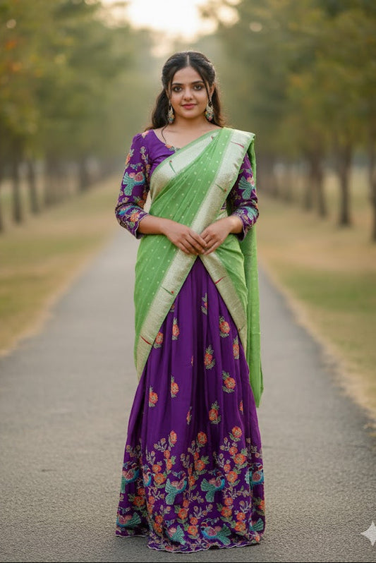 Purple Pen Kalamkari Blouse With Lehenga And Green Dupatta For Women & Girls
