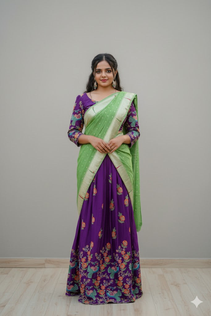 Purple Pen Kalamkari Blouse With Lehenga And Green Dupatta For Women & Girls
