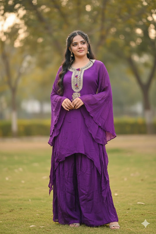 Purple Kurti And Palazzo Set With Zardozi Embroidery For Women & Girls