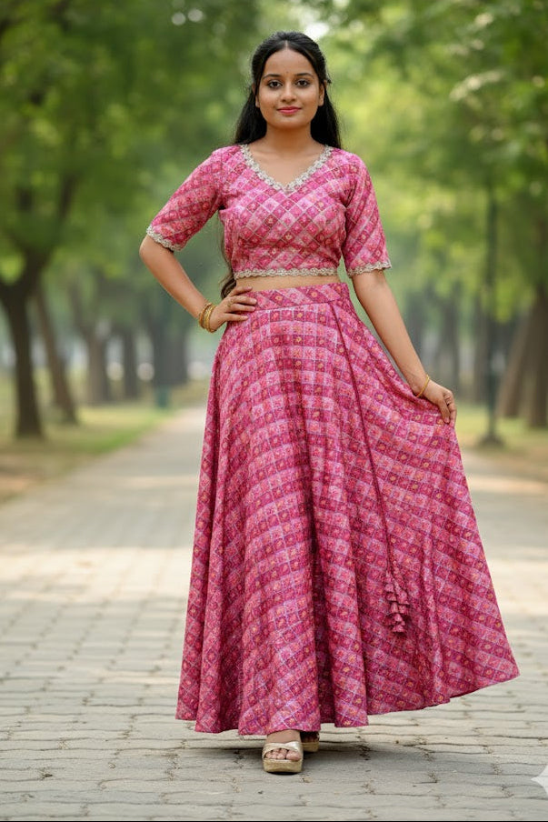 Pink Printed Ensemble With Geometric And Abstract Motifs Lehenga For Women & Girls