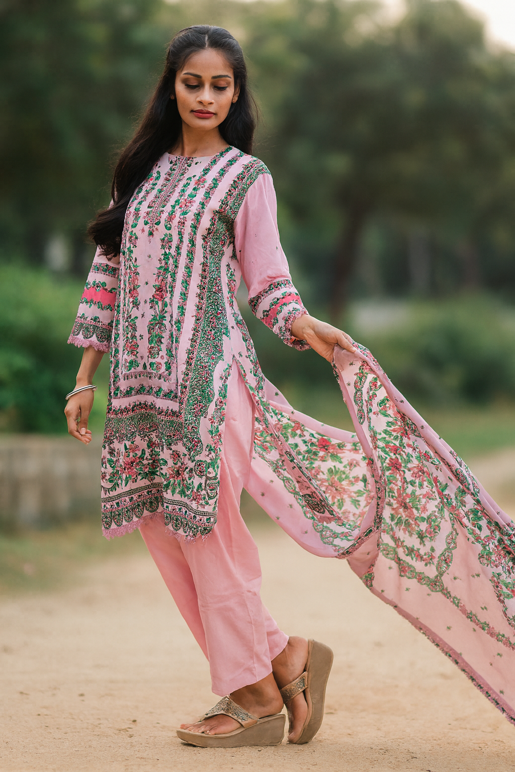 Light Pink Kurti With Floral Design For Women & Girls