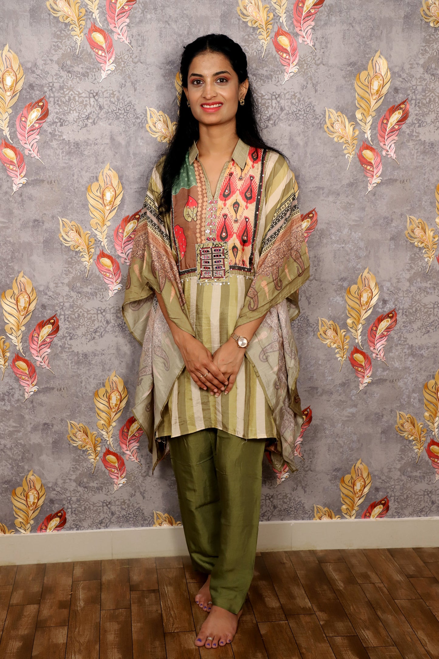 Olive Green Striped Kaftan With Embroidered Yoke And Solid Pants For Women & Girls