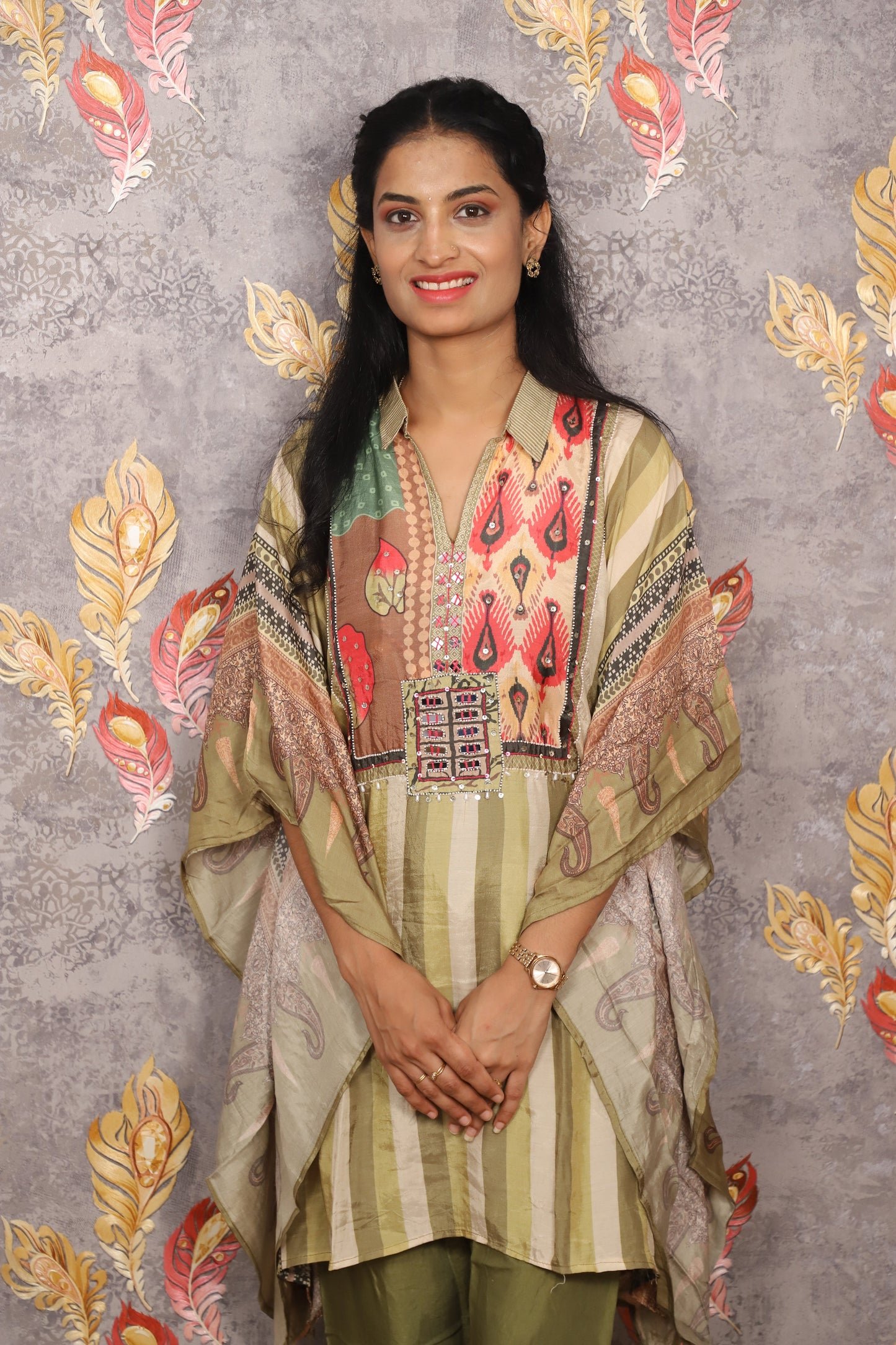 Olive Green Striped Kaftan With Embroidered Yoke And Solid Pants For Women & Girls