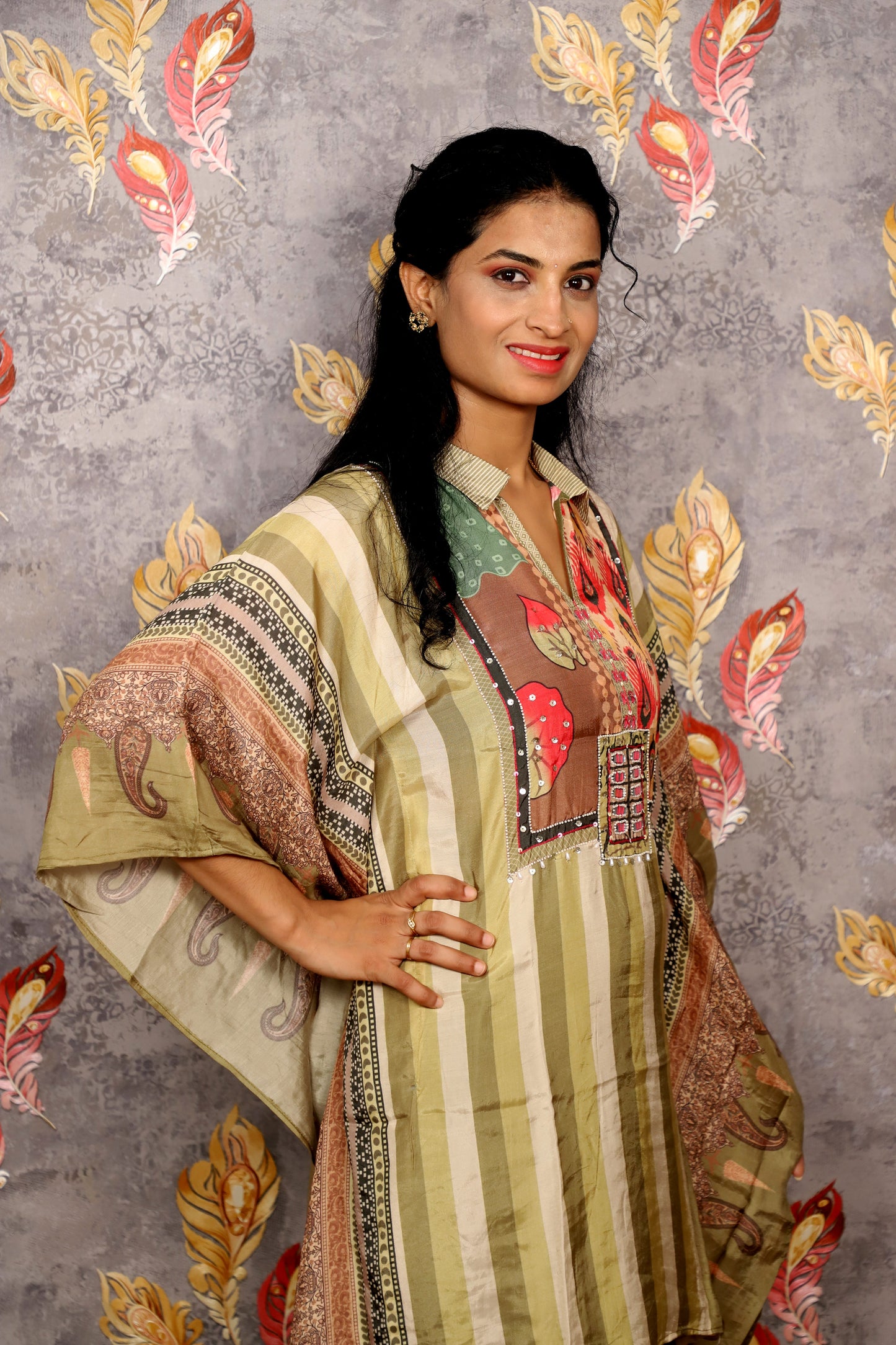 Olive Green Striped Kaftan With Embroidered Yoke And Solid Pants For Women & Girls