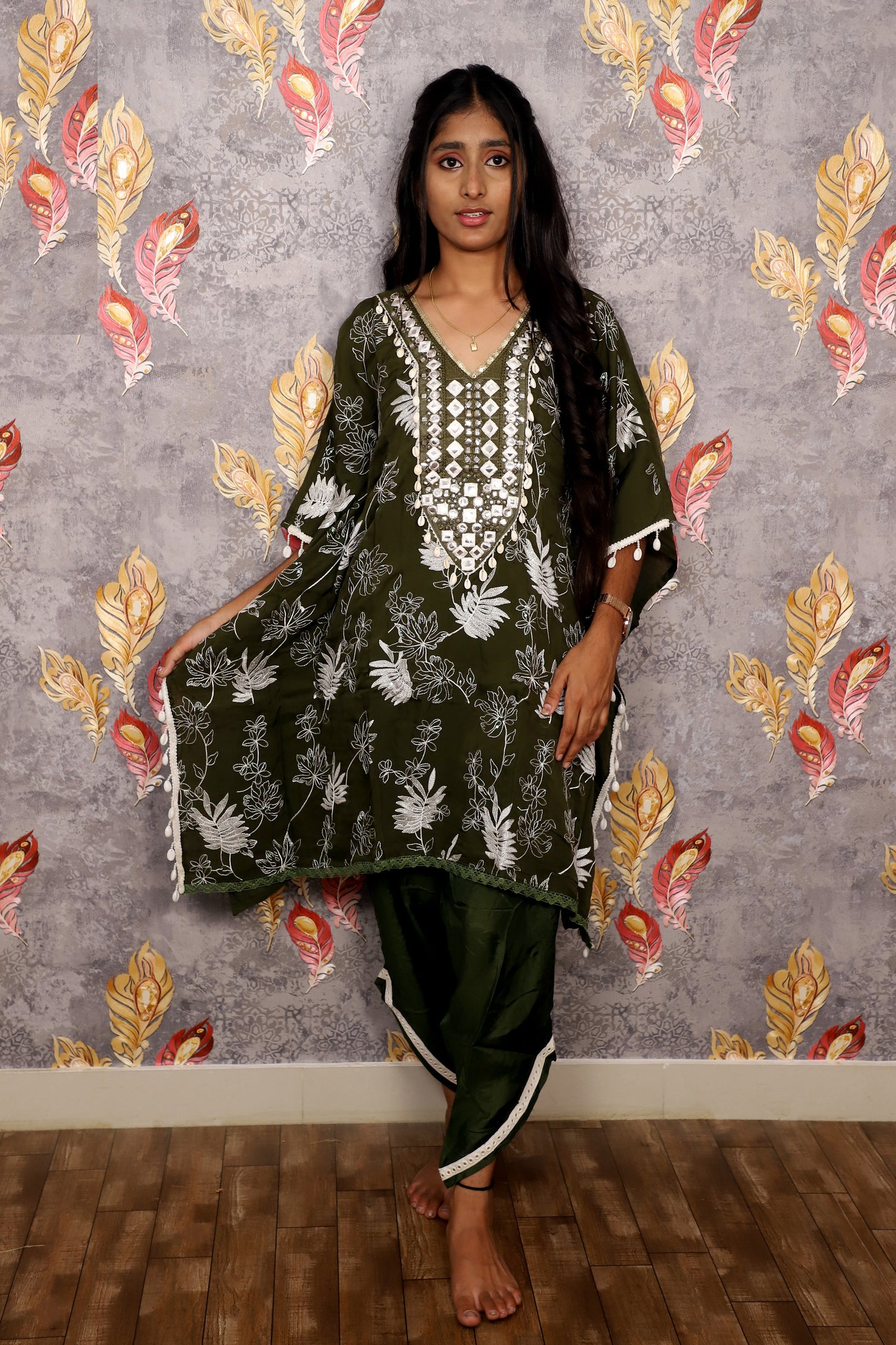 Olive Green Floral Embroidered Kurti With Tulip Pants For Women & Girls