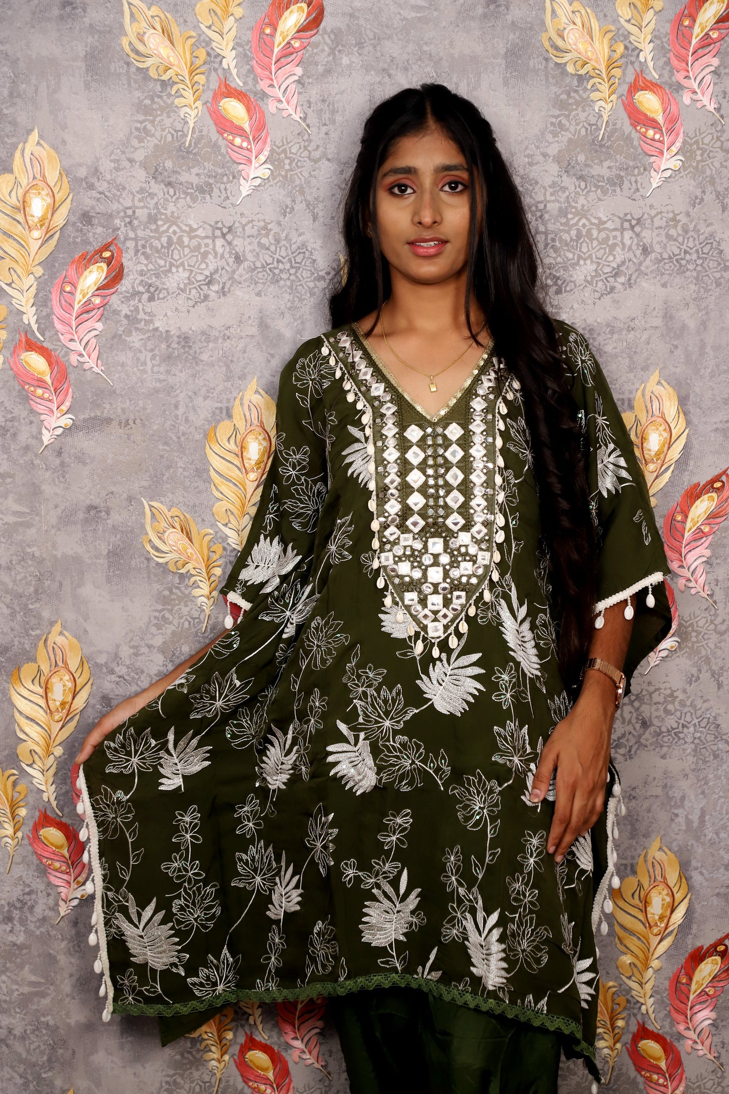 Olive Green Floral Embroidered Kurti With Tulip Pants For Women & Girls