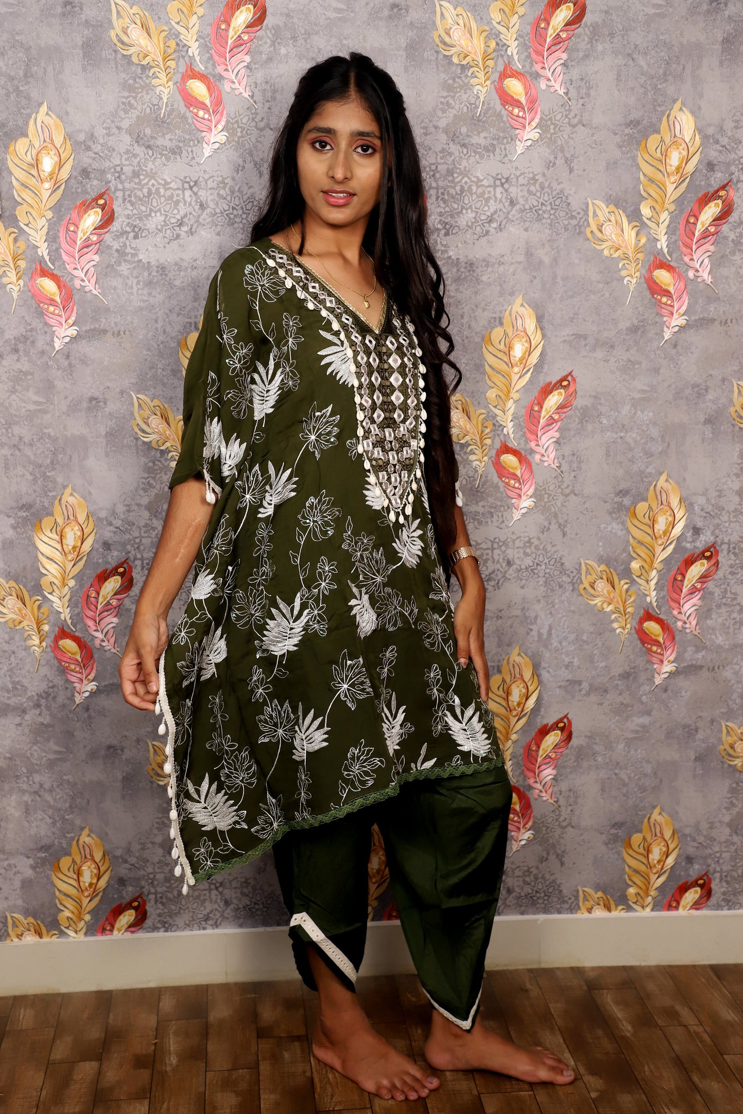 Olive Green Floral Embroidered Kurti With Tulip Pants For Women & Girls