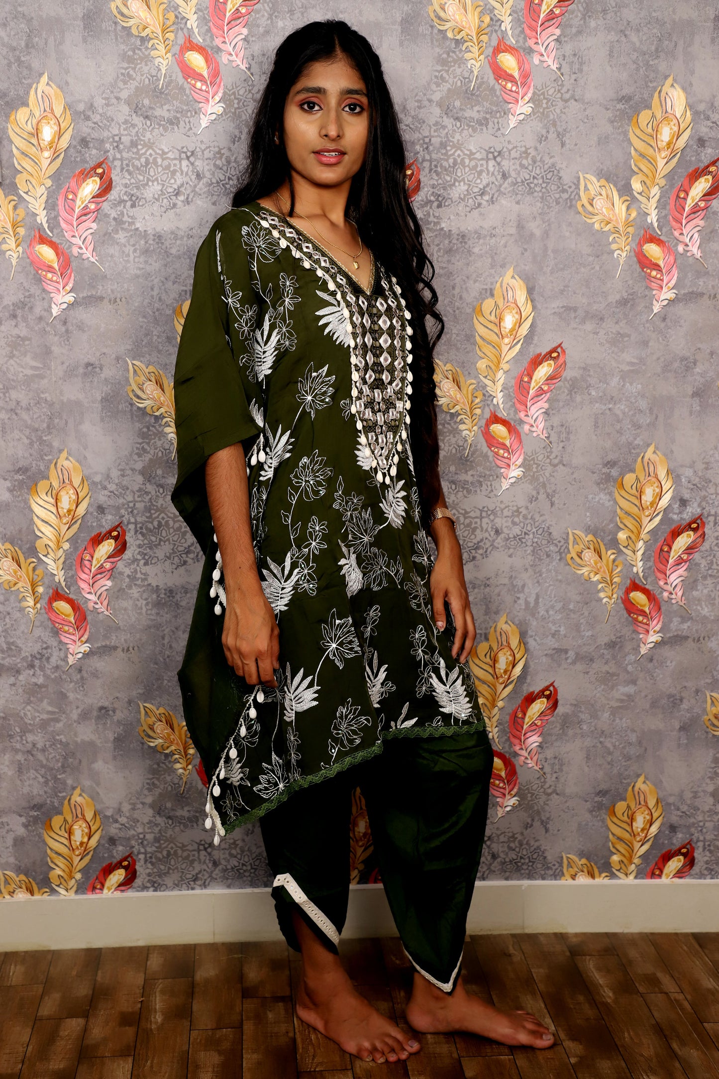 Olive Green Floral Embroidered Kurti With Tulip Pants For Women & Girls