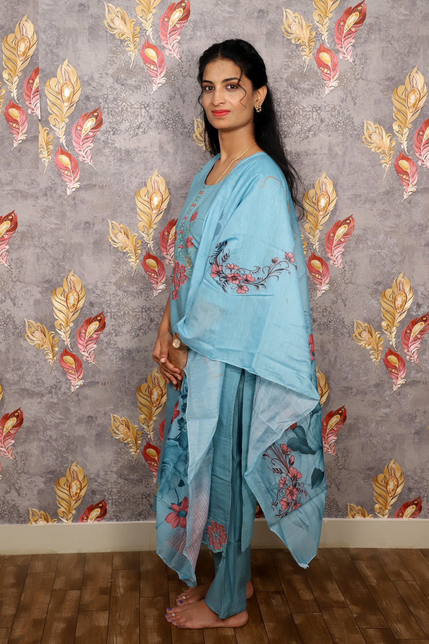 Light Blue Floral Embroidery Kurti For Women & Girls