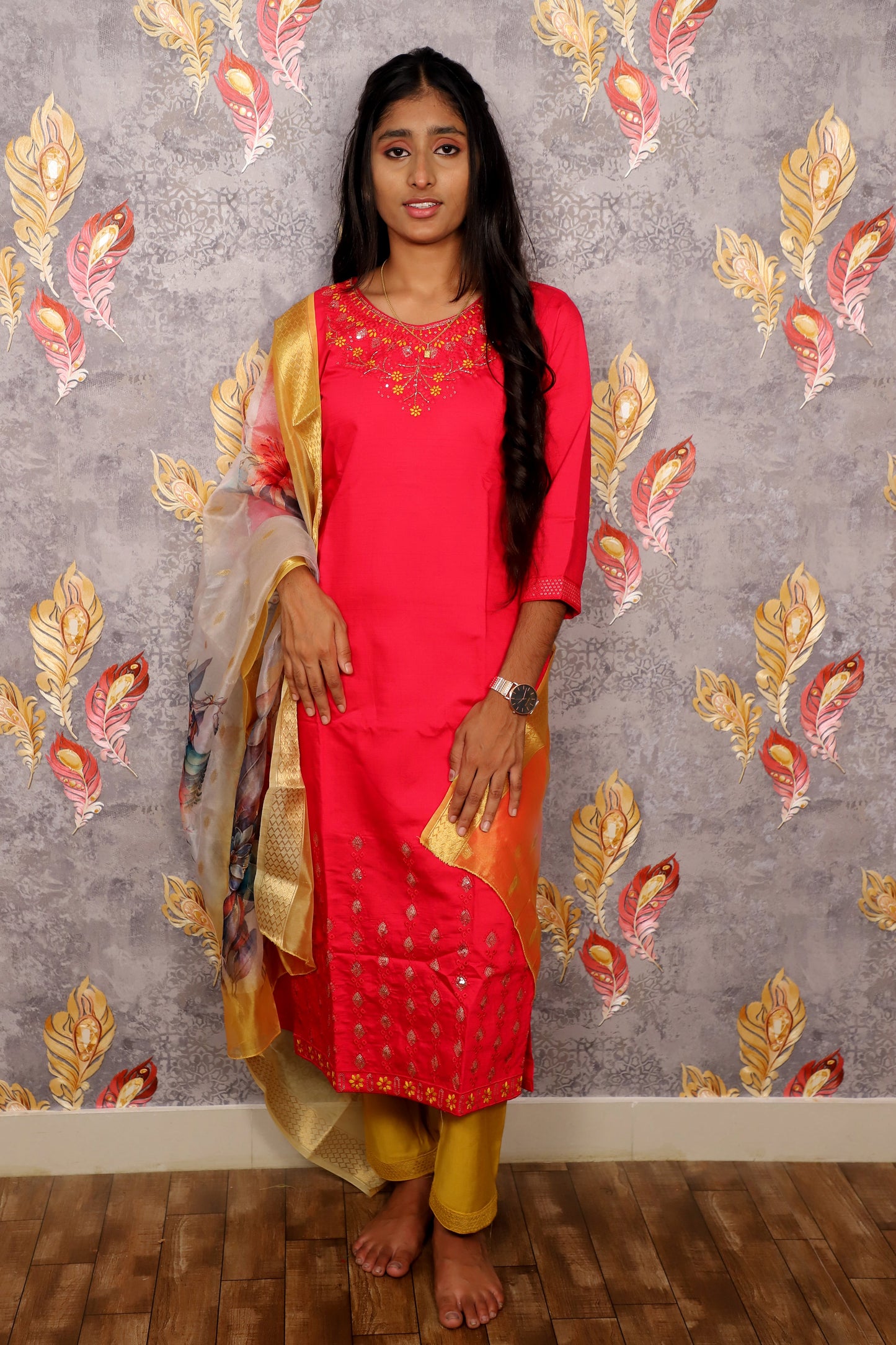 Vibrant Pink Salwar Suit With Floral Dupatta For Women & Girls