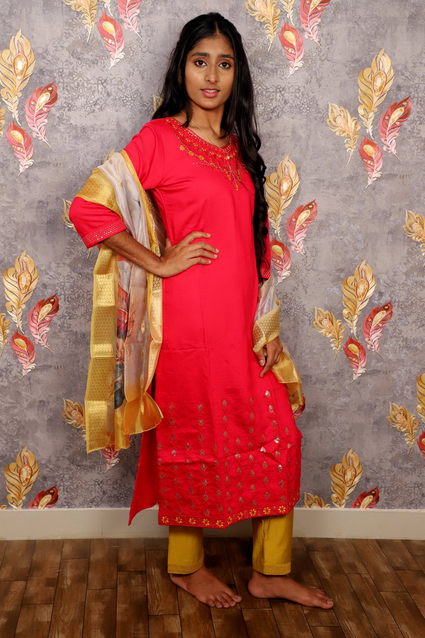 Vibrant Pink Salwar Suit With Floral Dupatta For Women & Girls