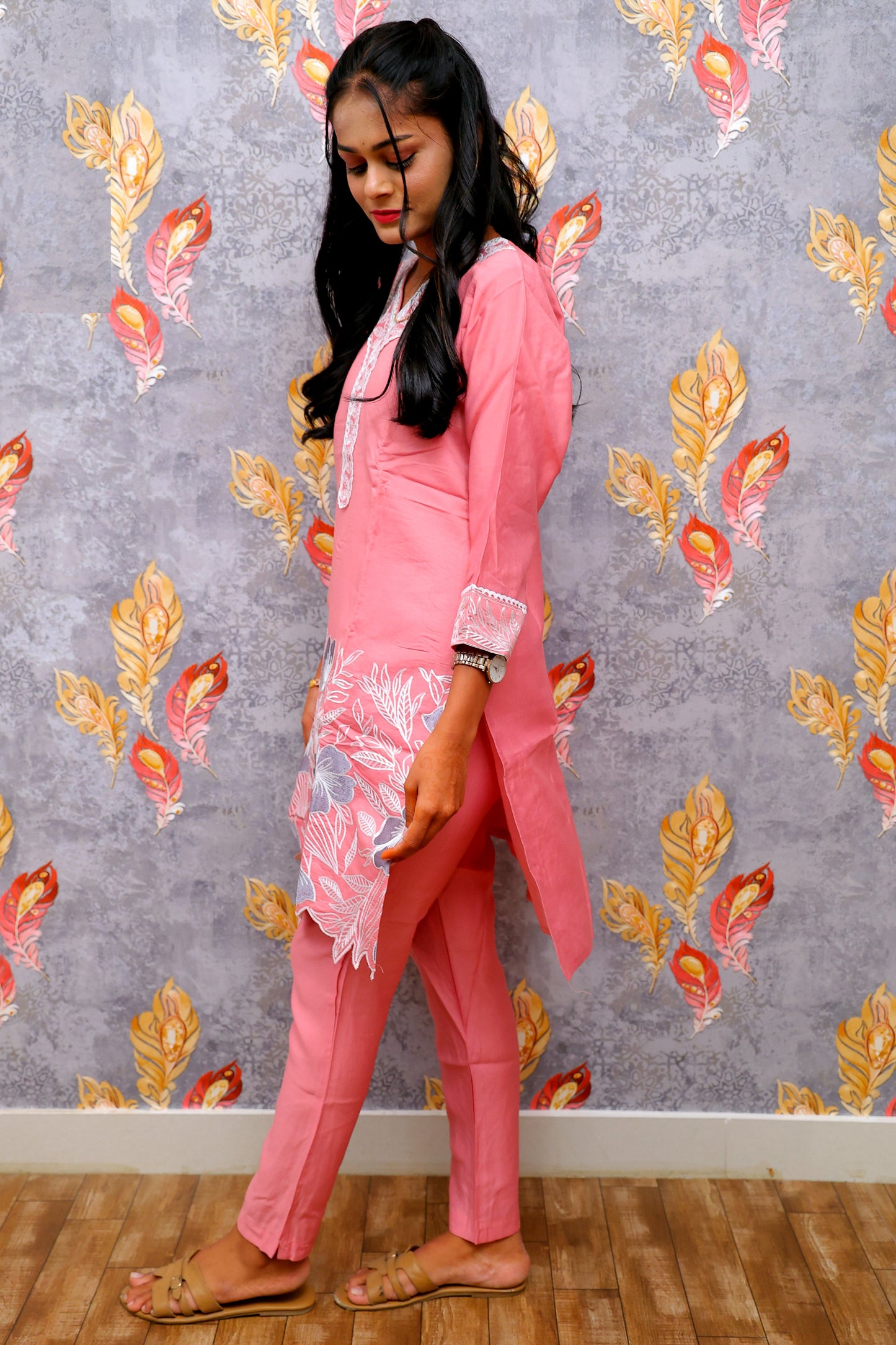 Pink Silk Two Piece Kurti With Embroidery Work For Women & Girls