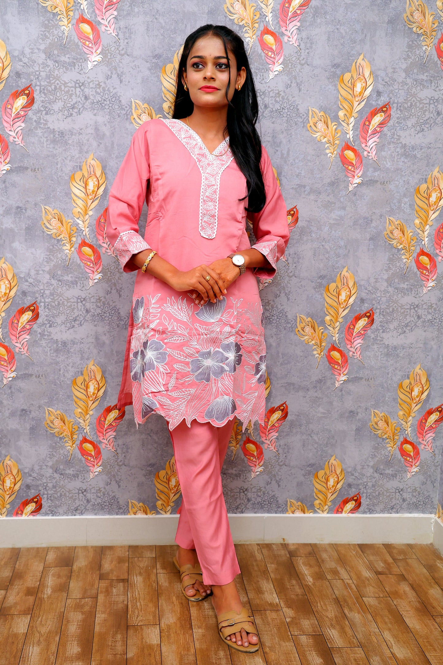 Pink Silk Two Piece Kurti With Embroidery Work For Women & Girls