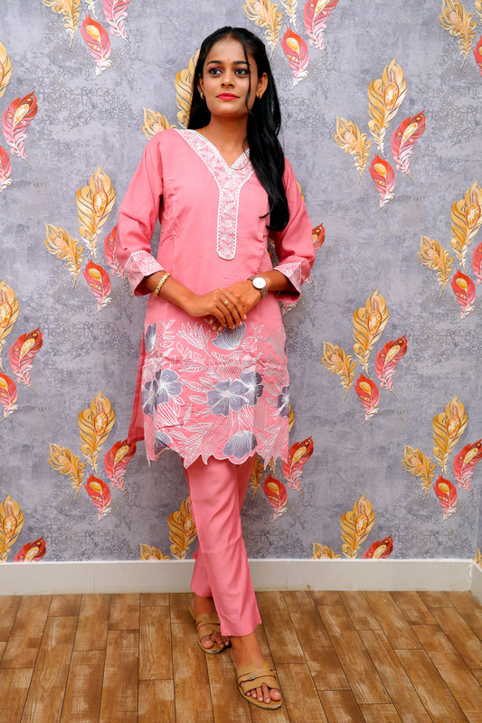 Pink Silk Two Piece Kurti With Embroidery Work For Women & Girls
