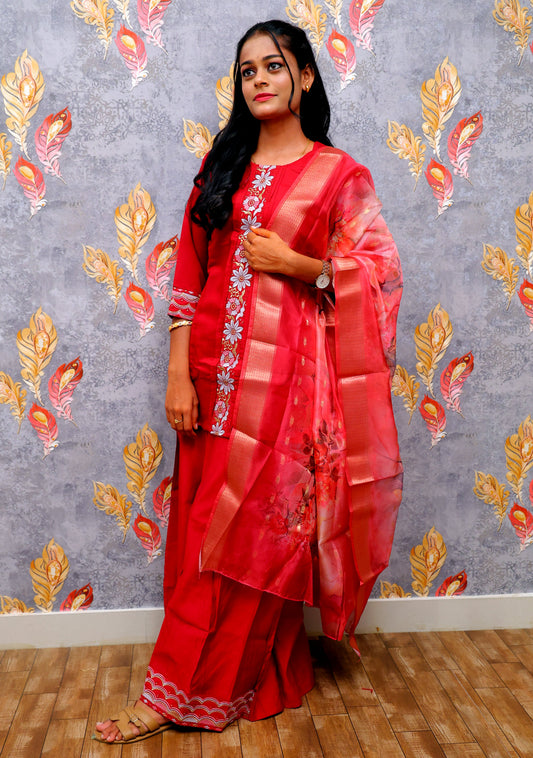 Red Embroidery Silk Kurti With Digital Print For Women & Girls