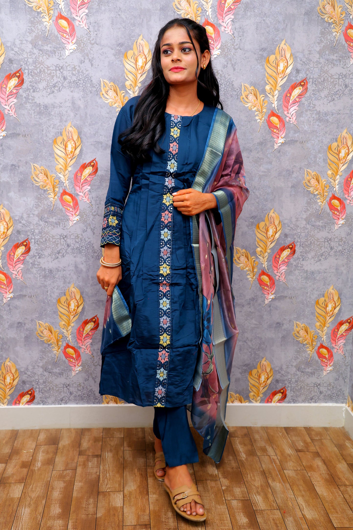 Dark Blue Kurti With Pink Color Floral Design Dupatta For Women & Girls
