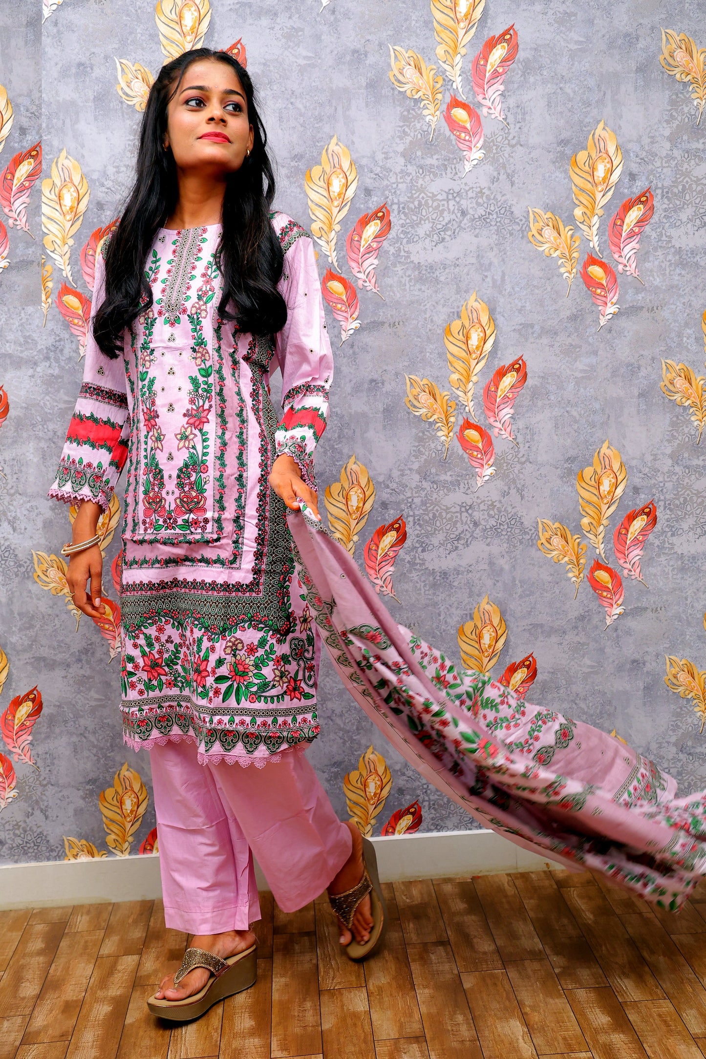 Light Pink Kurti With Floral Design For Women & Girls