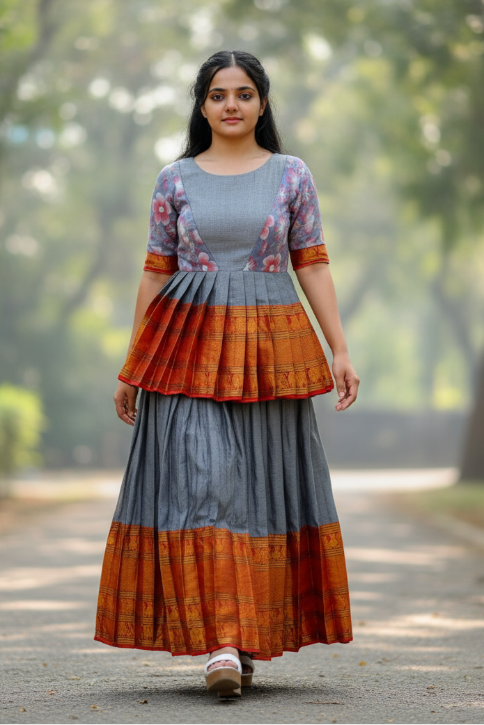 Grey & Rust Orange Feather-Patterned Wallpaper Backdrop Lehenga For Women & Girls