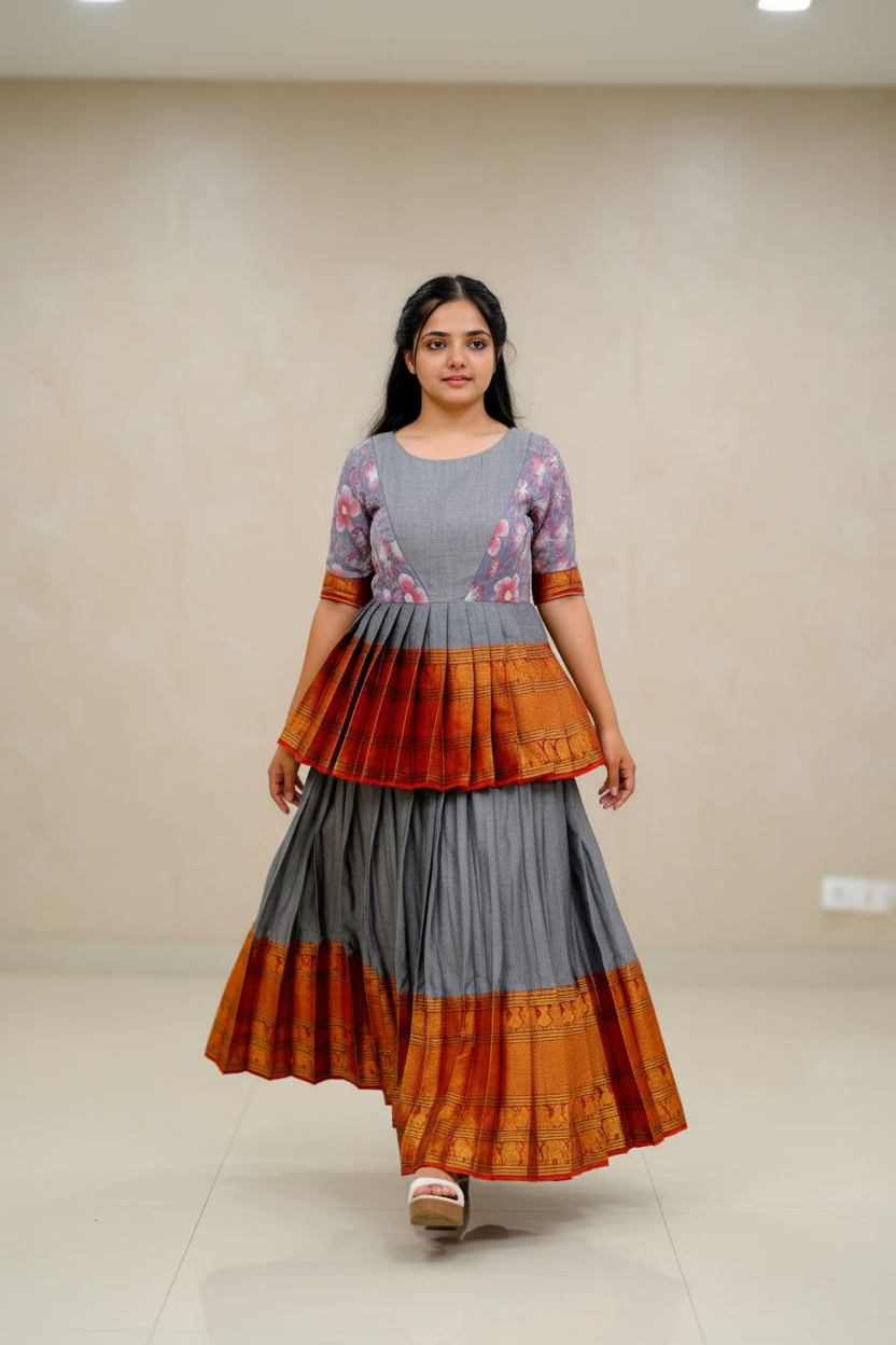 Grey & Rust Orange Feather-Patterned Wallpaper Backdrop Lehenga For Women & Girls