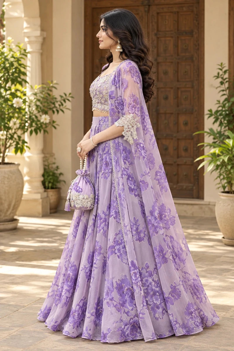 Lavender Cape Style Georgette Lehenga with Embroidered Blouse & Batwa - Aira Fabrics Designer Studio