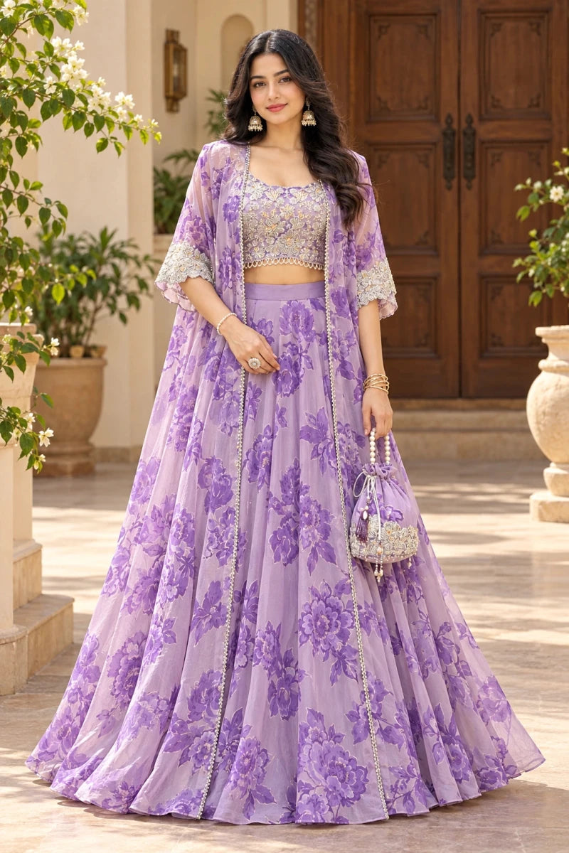 Lavender Cape Style Georgette Lehenga with Embroidered Blouse & Batwa - Aira Fabrics Designer Studio
