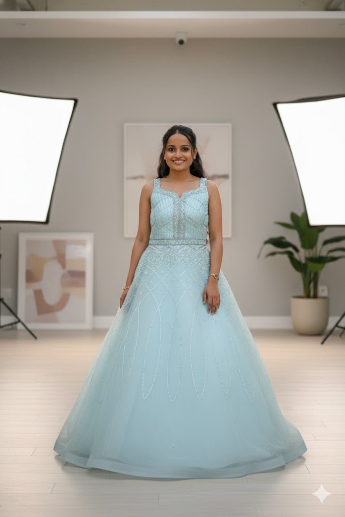 Light Blue Embellished Ball Gown For Women & Girls - Aira Fabrics Designer Studio