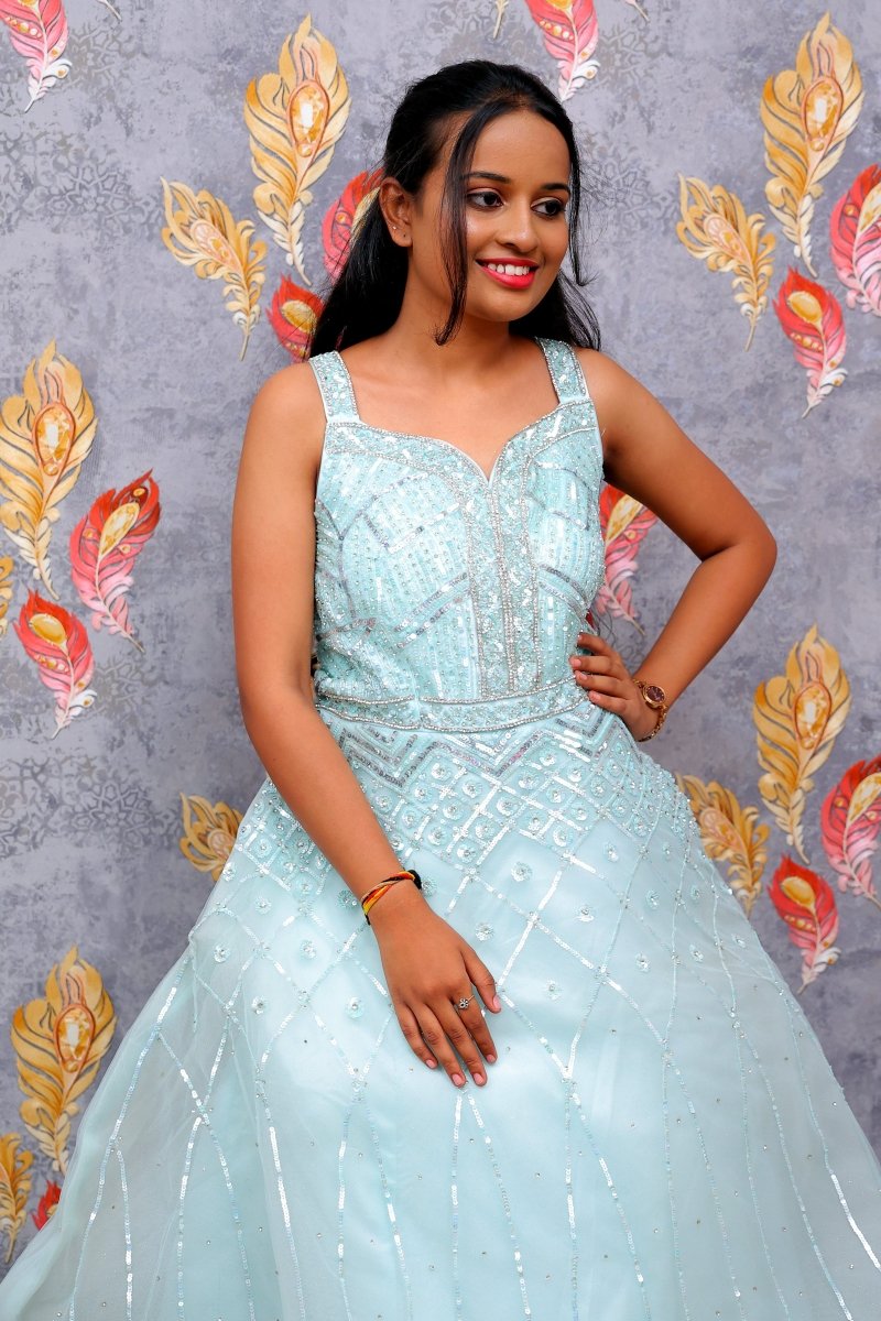 Light Blue Embellished Ball Gown For Women & Girls - Aira Fabrics Designer Studio