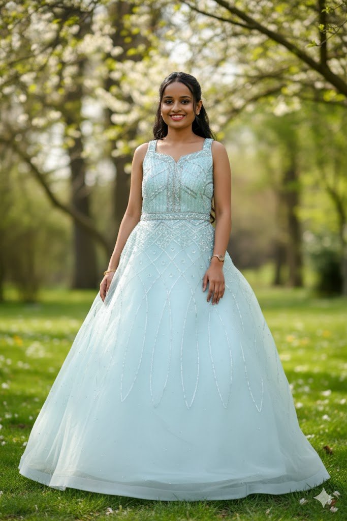 Light Blue Embellished Ball Gown For Women & Girls - Aira Fabrics Designer Studio