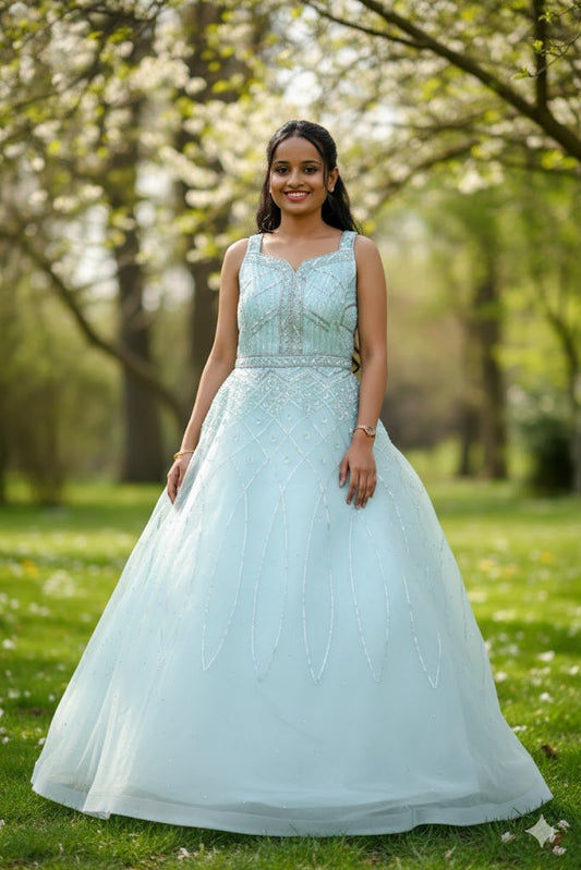 Light Blue Embellished Ball Gown For Women & Girls - Aira Fabrics Designer Studio