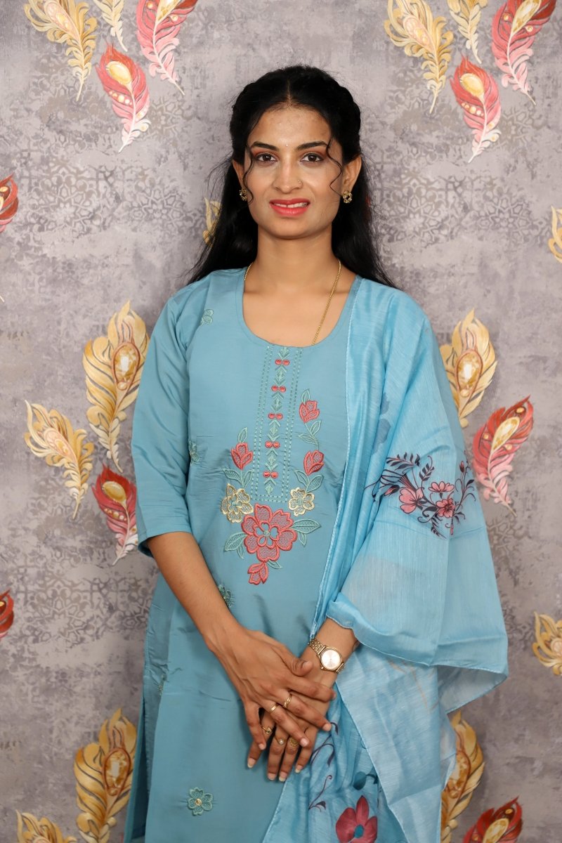 Light Blue Floral Embroidery Kurti For Women & Girls - Aira Fabrics Designer Studio