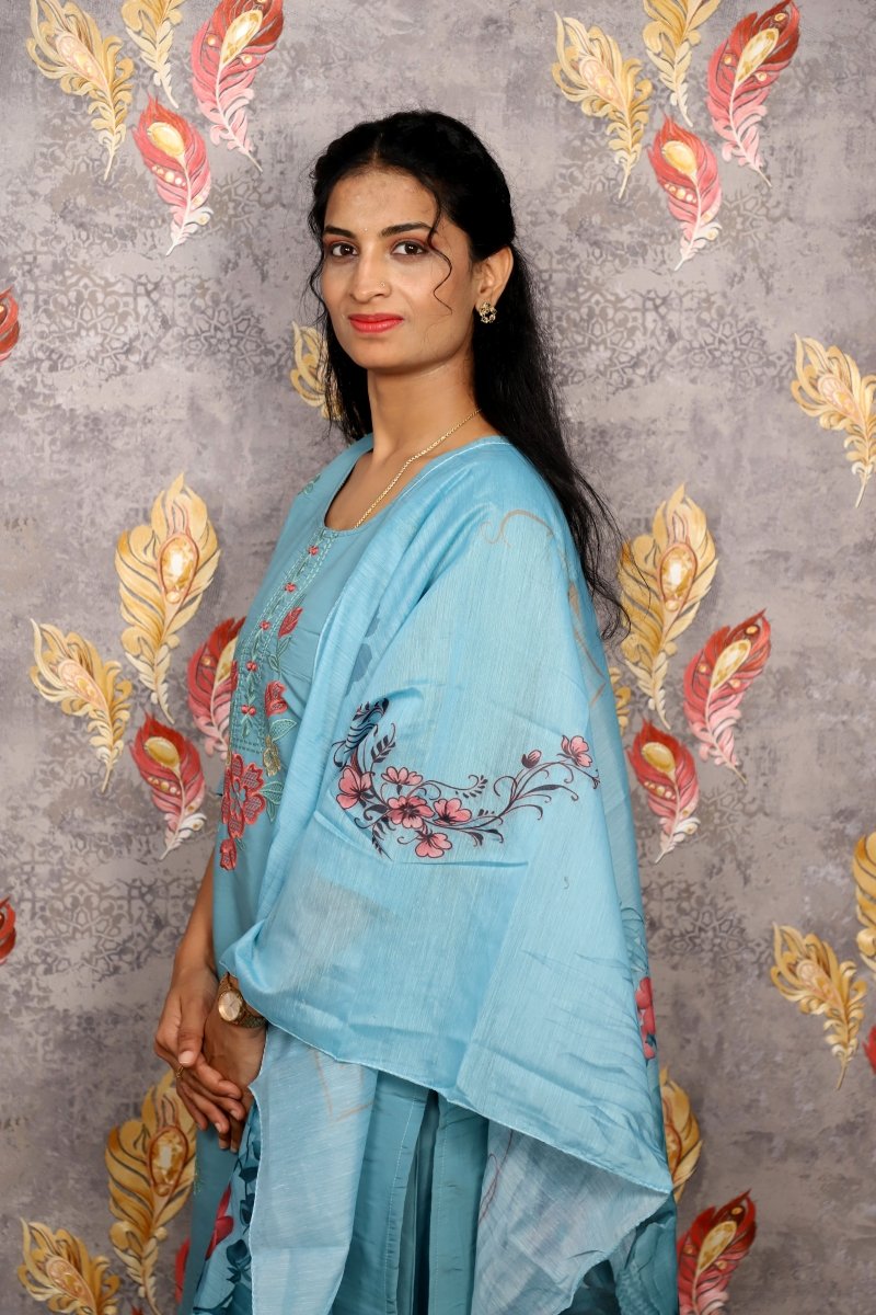 Light Blue Floral Embroidery Kurti For Women & Girls - Aira Fabrics Designer Studio